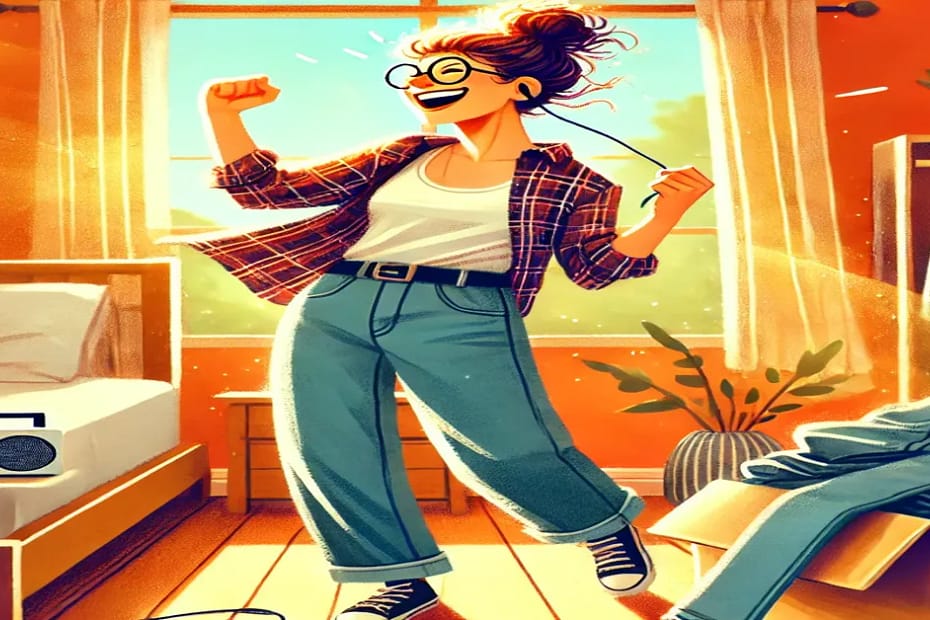 Happy young woman dancing in her bedroom with sunlight streaming in, wearing high-waisted jeans and a flannel shirt, enjoying music from a retro boombox